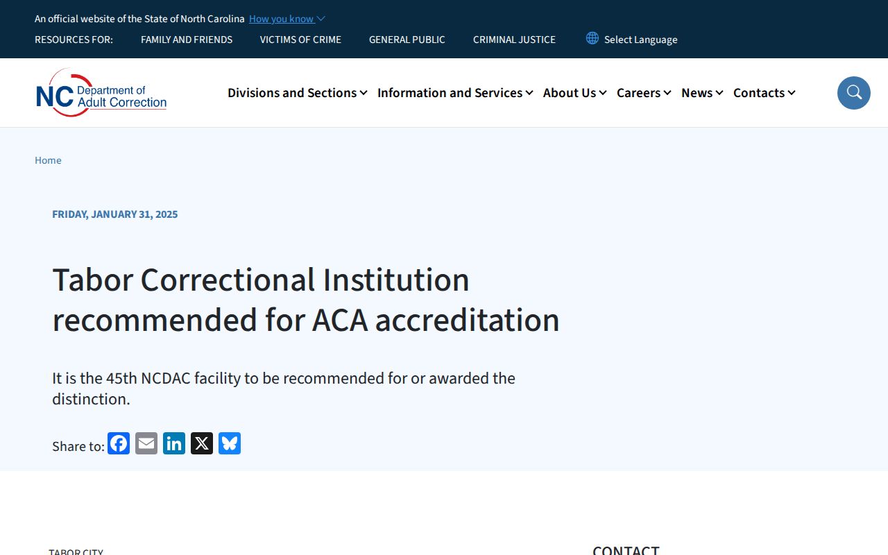 Tabor Correctional Institution NCDAC report supporting prison population and release record context